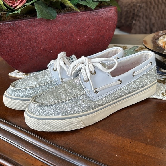 Sperry Angelfish Topsider Boat Shoes Pier View Gray Silver Sparkle Memory Foam - Picture 3 of 16
